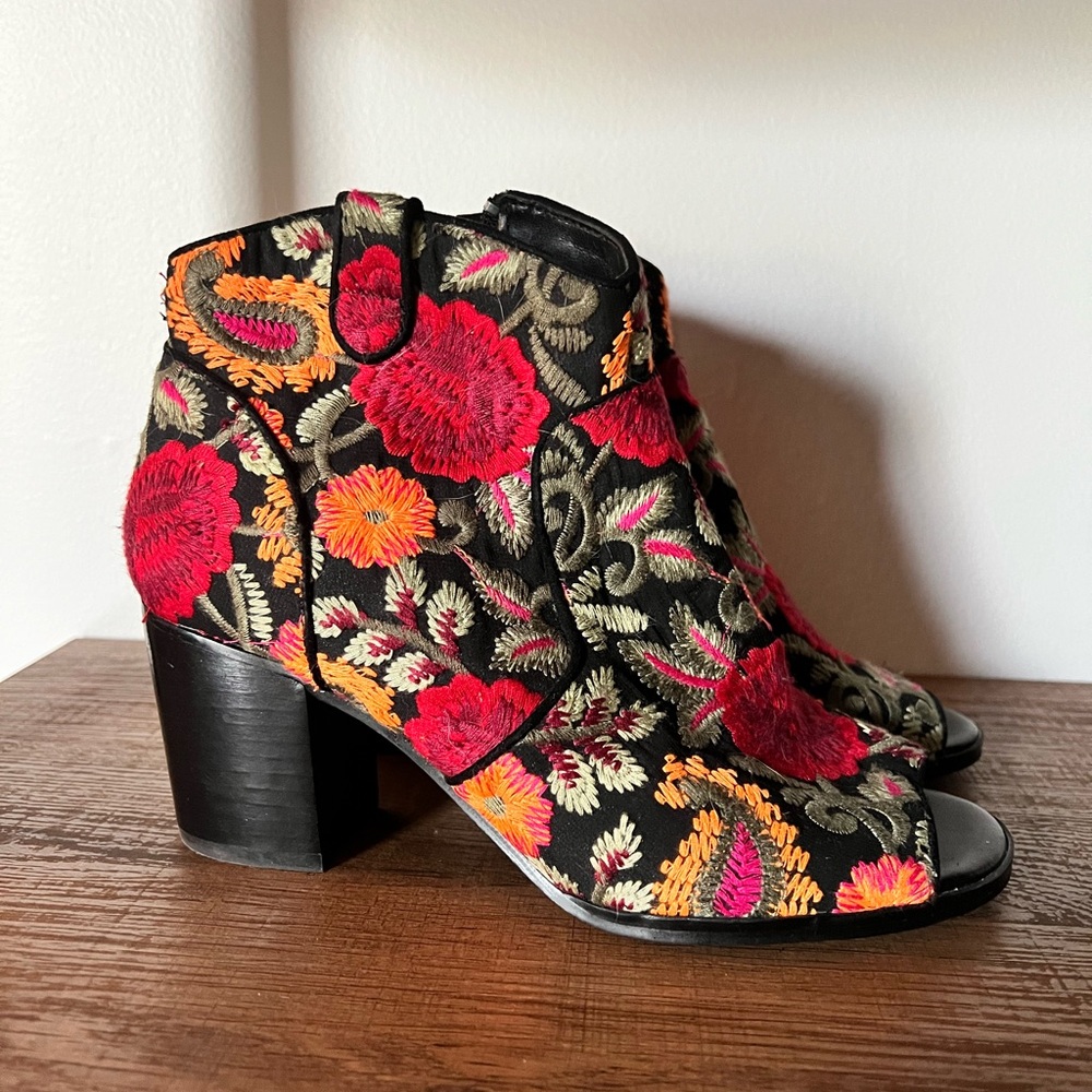 Crown Vintage Red and Orange Ankle Booties with Floral Embroidery